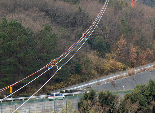 スライド吊金車による延線工法（多導体送電線用）